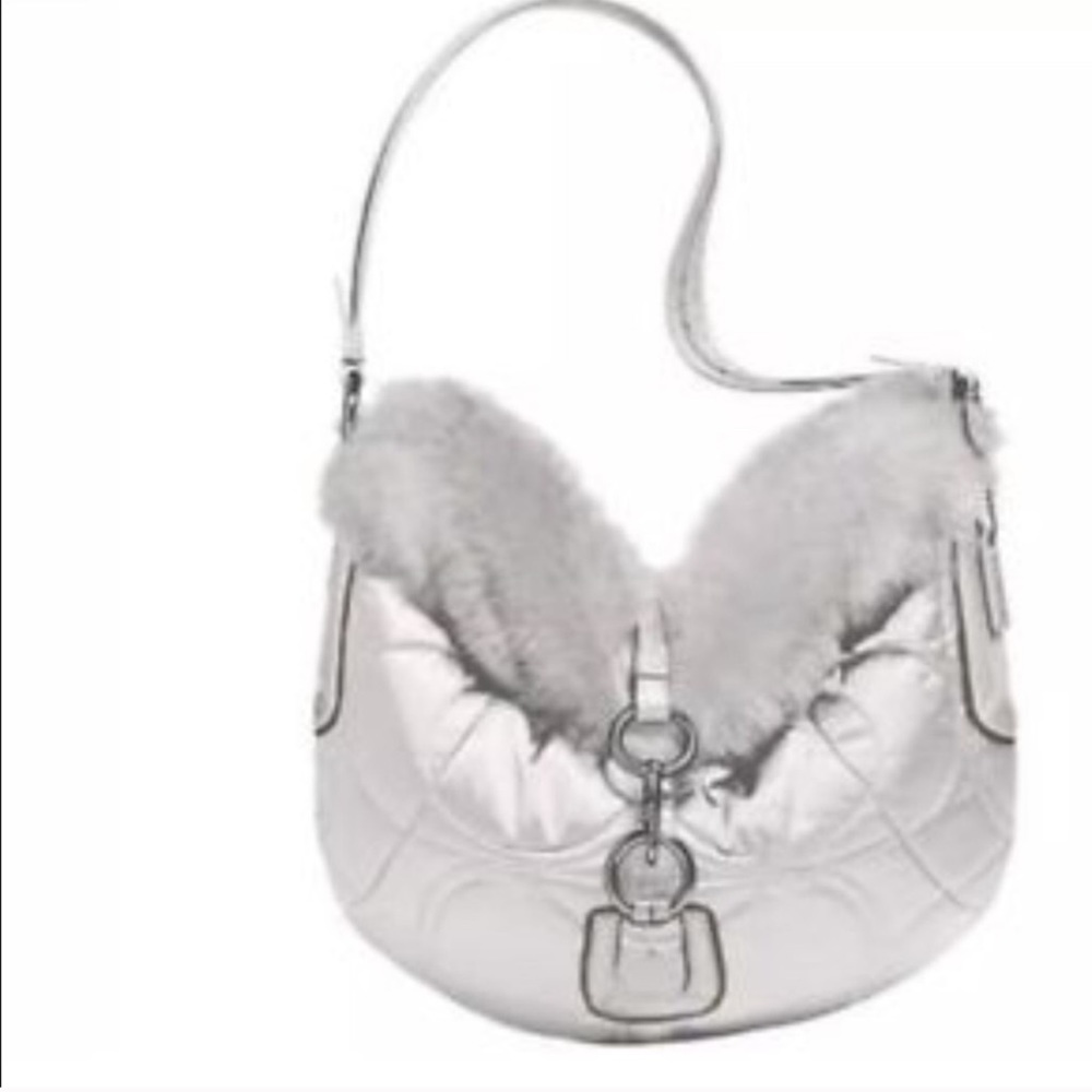 White satin silver hardware fur trimmed hobo bag